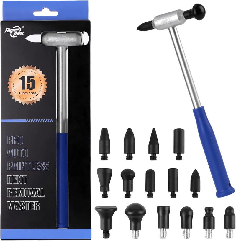 Super PDR Auto Body Hammer Tools Set - Aluminum Dent Hammer, Body Repair Dent Removal Tools, Paintless Dent Repair Hammer with 15Pcs Head the Head for Auto Body DIY Dent Fix - Image 1